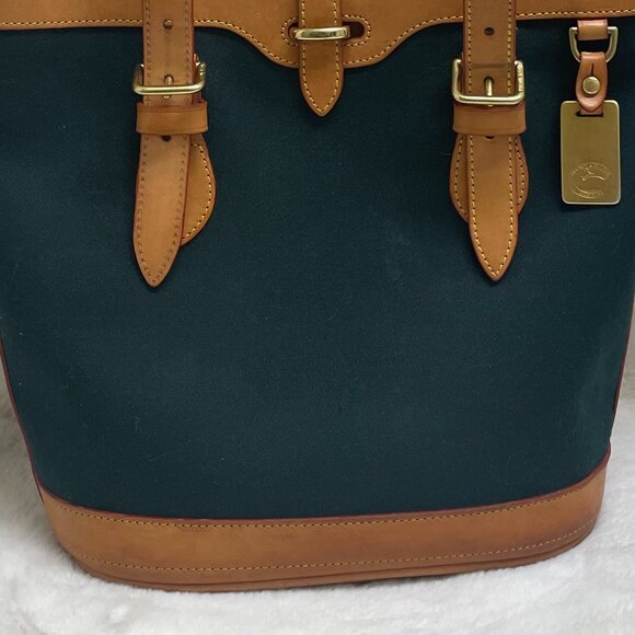 Vintage Dooney & Bourke Tote Bucket Bag Hunter Green Canvas Tan Leather - Picture 16 of 16